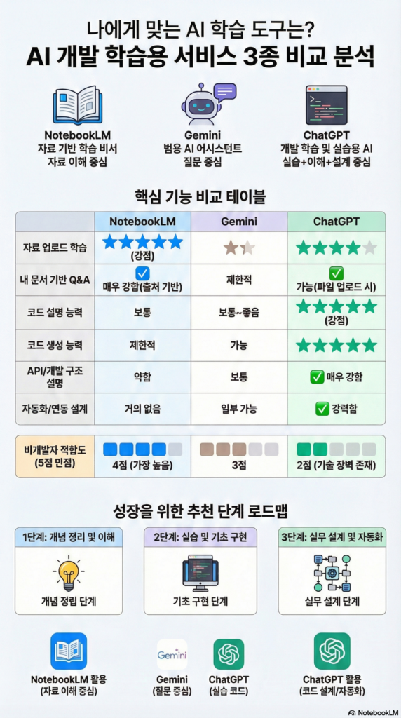 AI 개발 공부를 위한 비개발자 로드맵 - 노트북LM, 제미나이, 챗GPT 비교